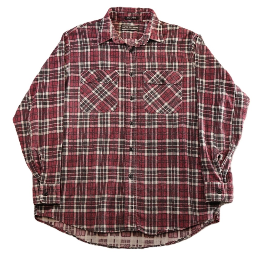 David Taylor Mens L Plaid Flannel Shirt Red Black Vintage Made in USA